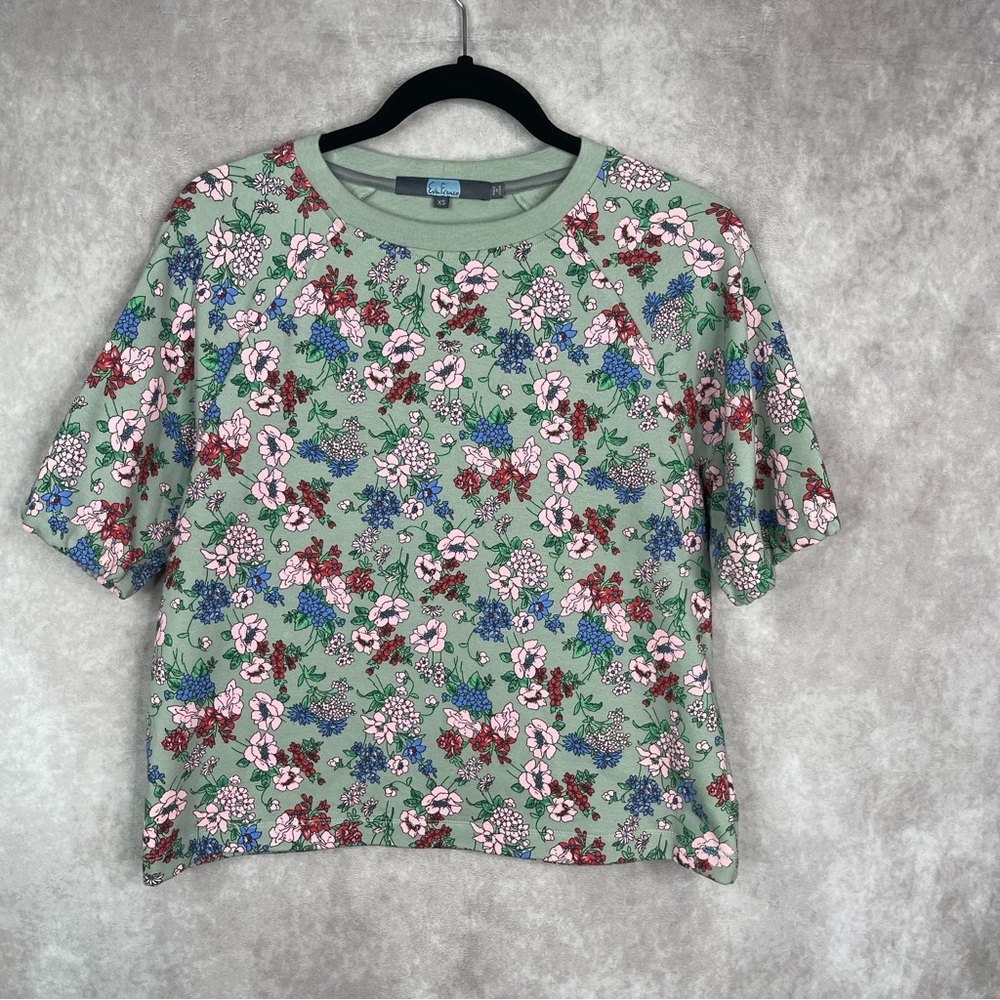 Eva Franco x Anthropologie Kei Floral-Print Short Sleeve Sweatshirt In Green XS